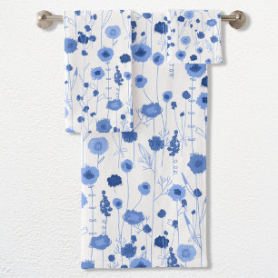 Conjunto De Toalhas Arte Botânica Flor Silvestre Azul Branco