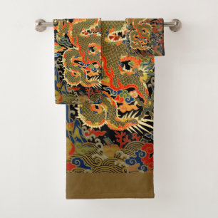 Conjunto De Toalhas Arte Colorida do Dragão Asiático Chinês