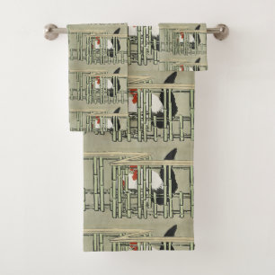 Conjunto De Toalhas Arte de Galo Japonês Antigo Atrás de Cerca de Bamb