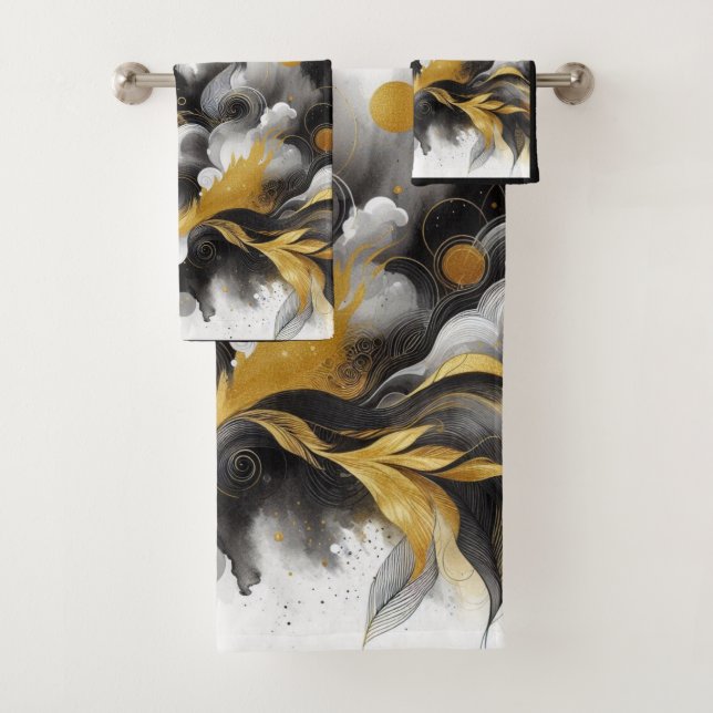 Conjunto De Toalhas Arte de IA Abstrata Dourada e Preta (Insitu)