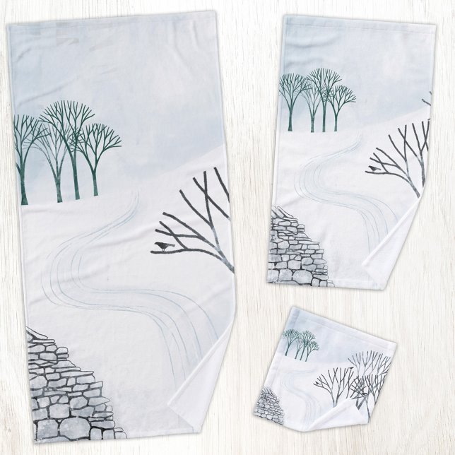 Conjunto De Toalhas Arte de Paisagem de Neve Invernal (Winter landscape art with trees birds and dry stone wall art bathroom towel set)