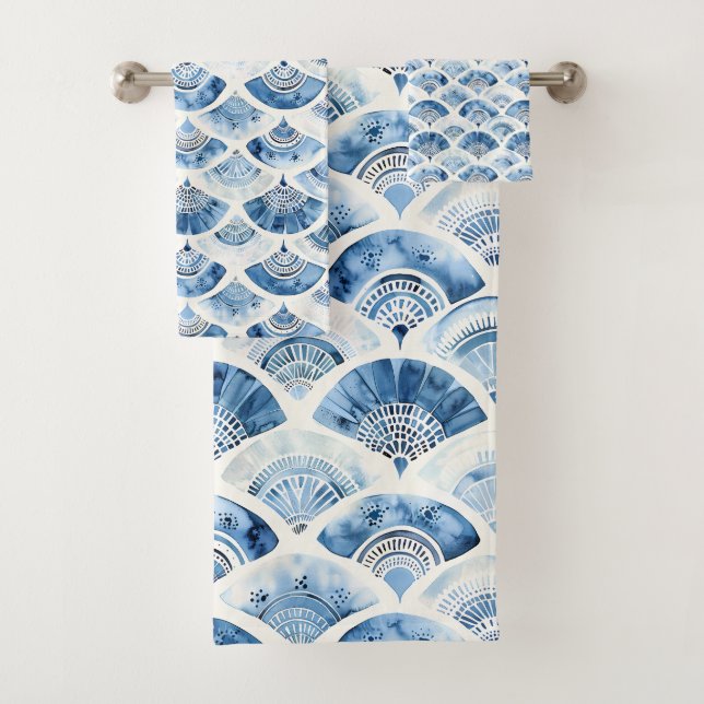Conjunto De Toalhas Arte Deco Geométrico Gradiente Aquarela Azul Ocean (Insitu)