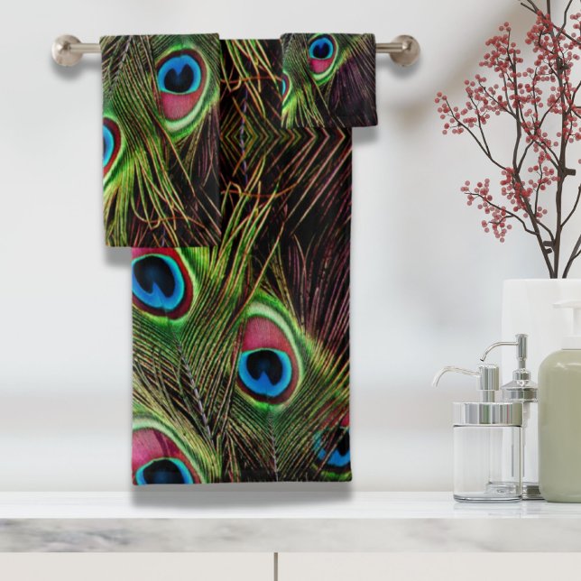 Conjunto De Toalhas arte deco tee green turquoise paciock feather (art deco teal green turquoise peacock feather bath towel set)
