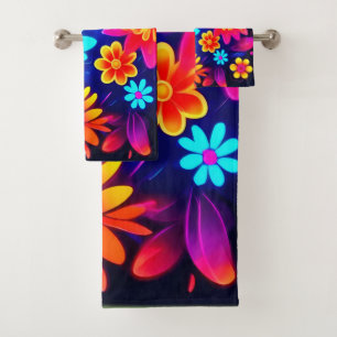 Conjunto De Toalhas Arte Floral Neon Vibrante