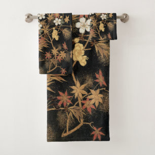 Conjunto De Toalhas Arte Floral Outonal em Preto e Dourado Vintage Jap