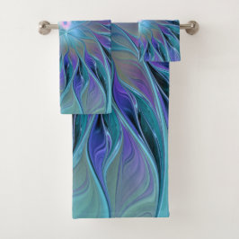 Conjunto De Toalhas Arte Fractal Abstrato de Sonho Roxo Azul