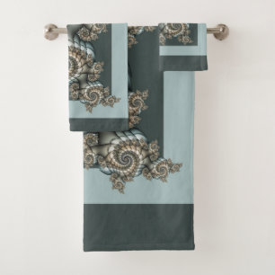 Conjunto De Toalhas Arte fractal azul claro bege abstrato espirais