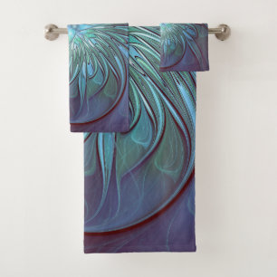 Conjunto De Toalhas Arte Fractal de Flor Azul Moderno, Abstrato Trendy
