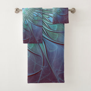 Conjunto De Toalhas Arte Fractal de Flor Azul Moderno, Abstrato Trendy