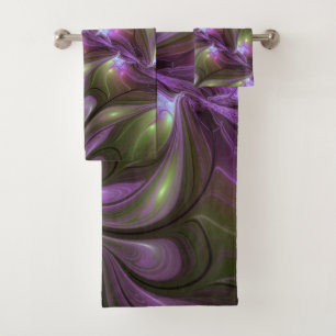 Conjunto De Toalhas Arte Fractal de Khaki, Abstrato violeta e colorida