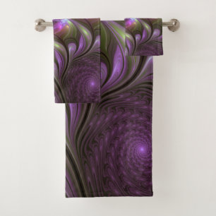 Conjunto De Toalhas Arte Fractal de Khaki, Abstrato violeta e colorida