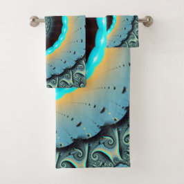 Conjunto De Toalhas Arte fractal espiral abstrata azul-turquesa laranj