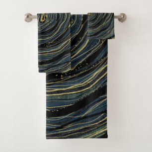 Conjunto De Toalhas Arte Glam Ondulação Dourada Azul