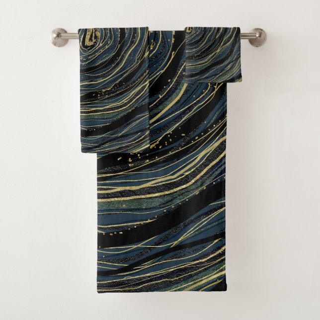 Conjunto De Toalhas Arte Glam Ondulação Dourada Azul (Insitu)