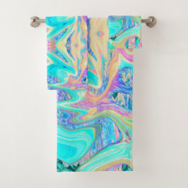 Conjunto De Toalhas Arte Líquida Azul Aqua Retro em Hortênsias Abstrat