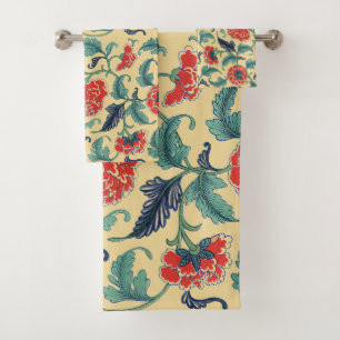 Conjunto De Toalhas Arte Nova Antiga Chinoiserie Floral Vermelho Chinê
