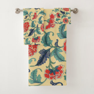 Conjunto De Toalhas Arte Nova Antiga Chinoiserie Floral Vermelho Chinê