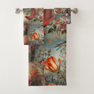 Conjunto De Toalhas Arte Surrealista com Flores e Aves