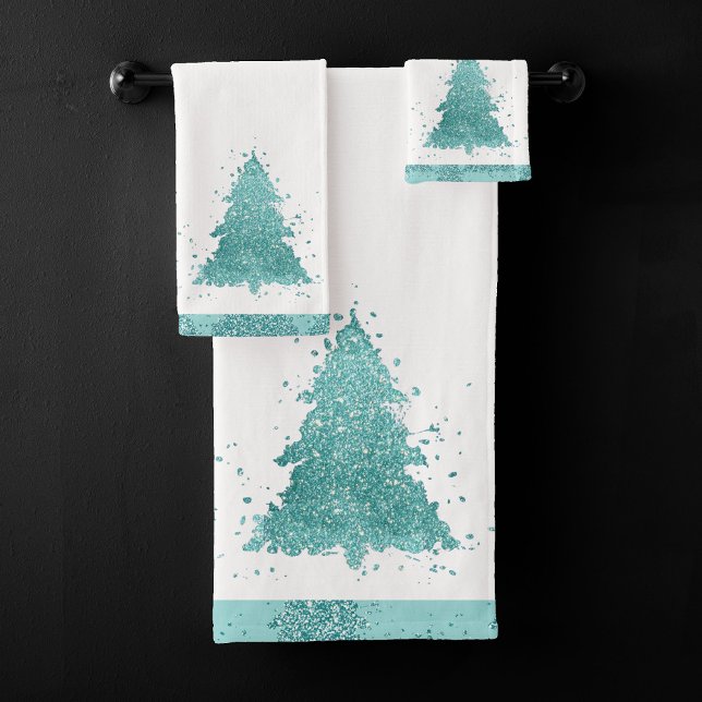 Conjunto De Toalhas Árvore de Natal Elegante | Luxe Aqua Mint Splatter (Criador carregado)
