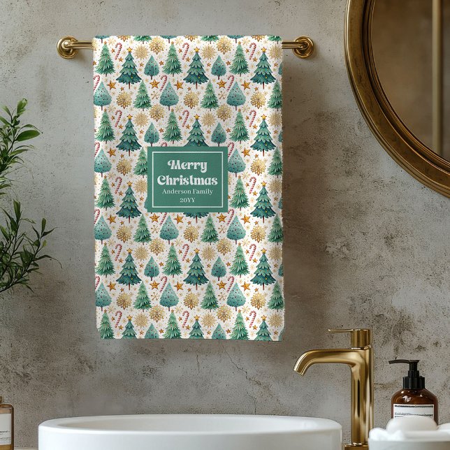 Conjunto De Toalhas Árvores de Natal clássicas vermelhas verdes banhei (Classic Christmas trees red green family bathroom Bath Towel Set)
