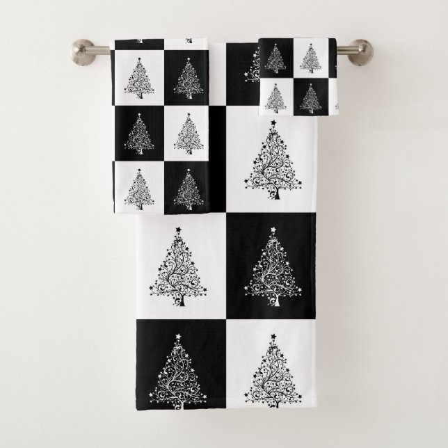 Conjunto De Toalhas Árvores de Natal Pretas e Brancas Festivas Padrão (Insitu)