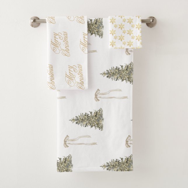 Conjunto De Toalhas Árvores de Natal Verde Oliva Modernas & Laços  (Insitu)
