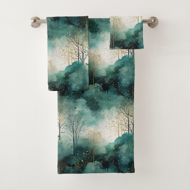 Conjunto De Toalhas Árvores Verde Ouro com Pássaros Natal (Insitu)
