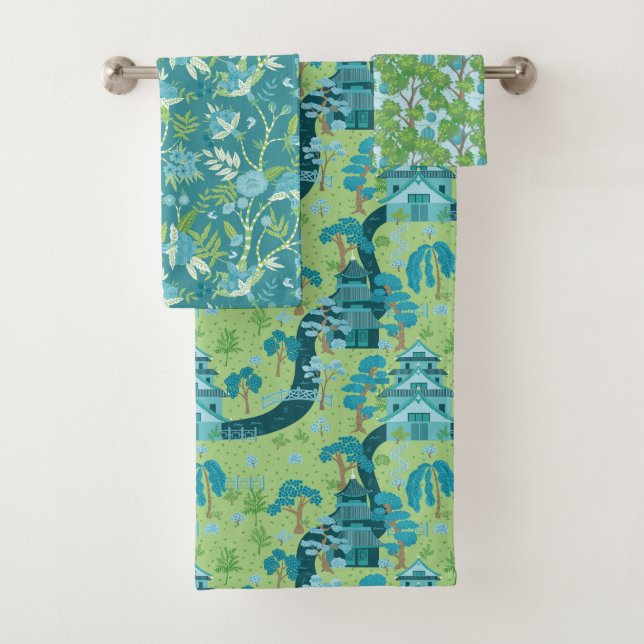 Conjunto De Toalhas Asian Pattern Blue Green (Insitu)