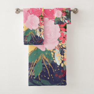 Conjunto De Toalhas Aura Winter Floral e Dourados Pontos Elegantes