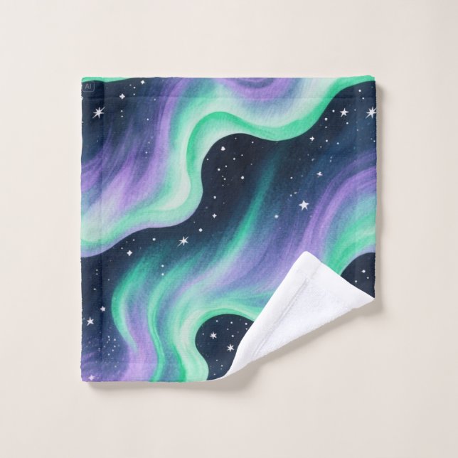 Conjunto De Toalhas Aurora Borealis, padrão verde e roxo (Pano de lavar)