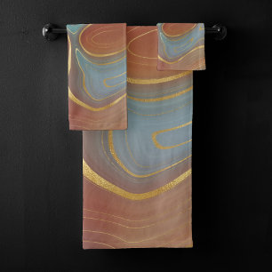Conjunto De Toalhas Autumn Strata Terra Cotta Teal e Agate Dourado