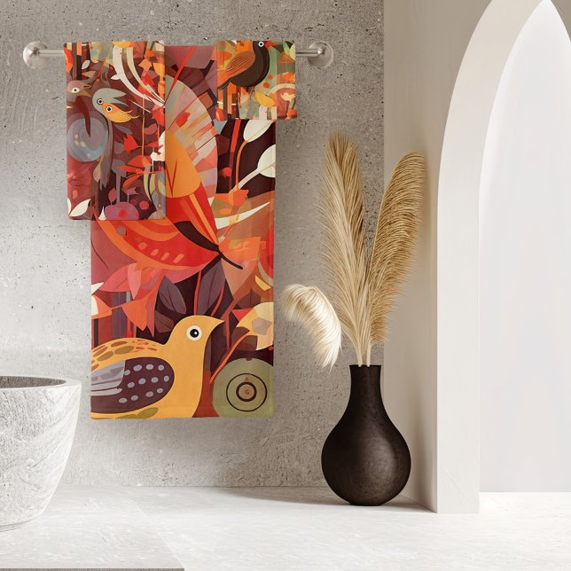 Conjunto De Toalhas Ave Tropical Colorida e Caprichosa (A colorful fantasy bathroom towel set featuring an abstract artistic design with tropical birds)