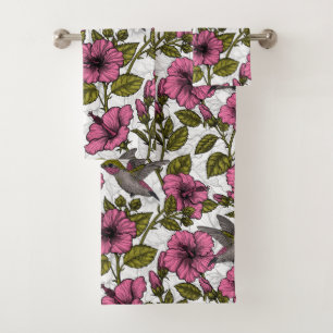 Conjunto De Toalhas Aves de capoeira e flores de hibisco rosa