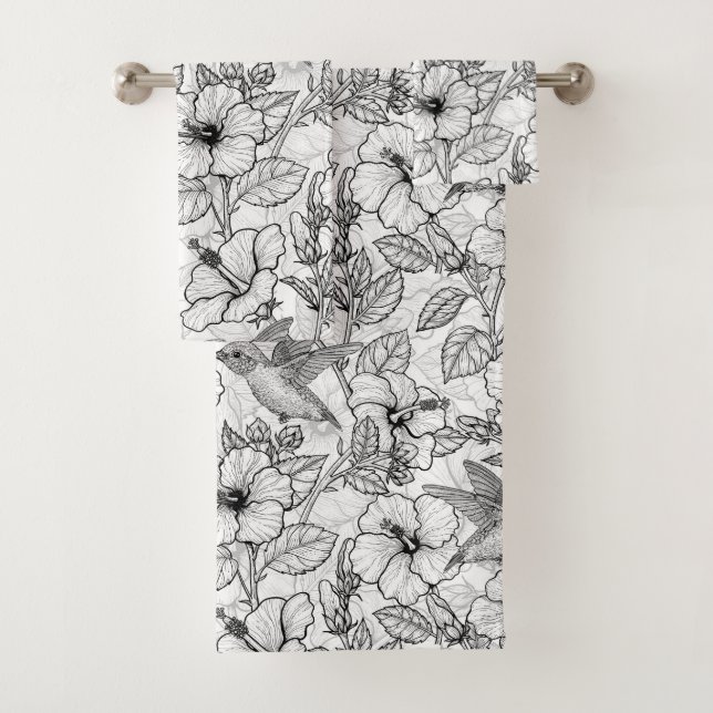 Conjunto De Toalhas Aves e flores de hibisco b&w (Insitu)