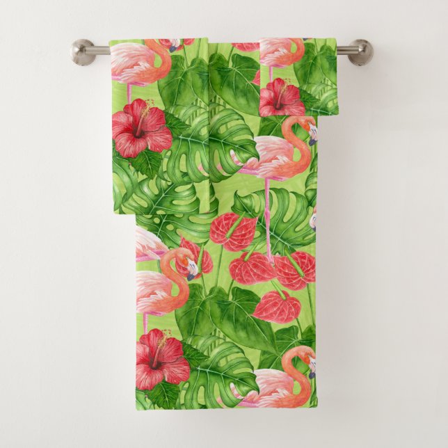 Conjunto De Toalhas Aves Flamingo e plantas tropicais (Insitu)