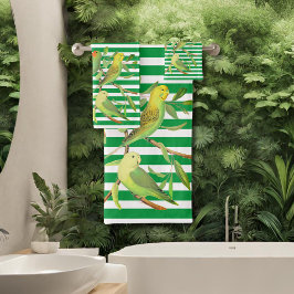 Conjunto De Toalhas Aves tropicais em listras brancas verdes - monogra