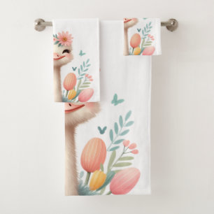 Conjunto De Toalhas Avestruz de Desenho Animado Branco Kawaii Flores F