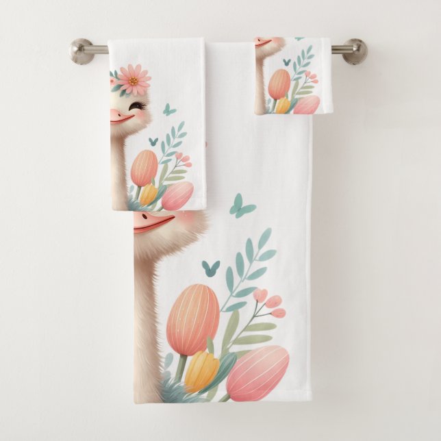 Conjunto De Toalhas Avestruz de Desenho Animado Branco Kawaii Flores F (Insitu)