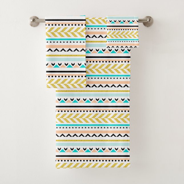 Conjunto De Toalhas Aztec Inspirou Dourado Padrão Geométrico Cor-de-Ro (Insitu)