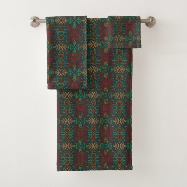 Conjunto De Toalhas Aztec Native American Geometric Lined Pattern Art (Insitu)