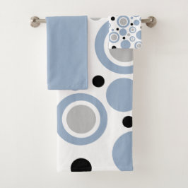 Conjunto De Toalhas Azul Ardósia Prata Branco Círculos Geométricos