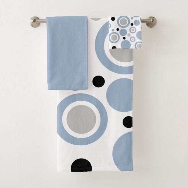 Conjunto De Toalhas Azul Ardósia Prata Branco Círculos Geométricos (Insitu)
