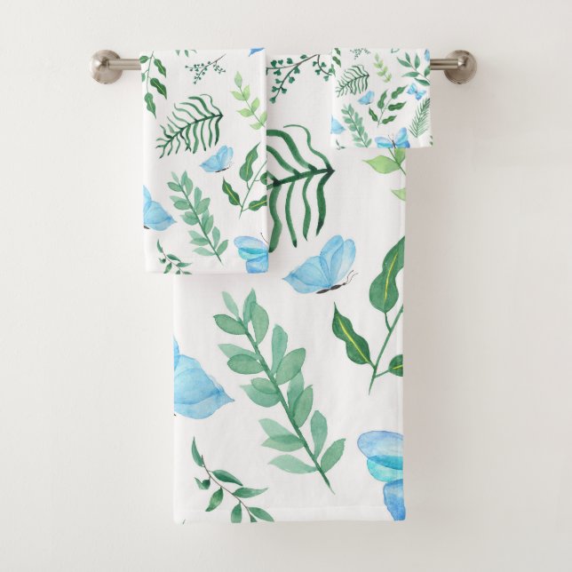 Conjunto De Toalhas Azul Borboleta Verde Botânico Cores de Água (Insitu)