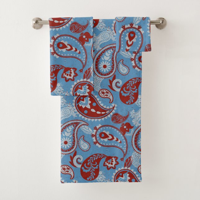 Conjunto De Toalhas Azul branco vermelho tradicional linocut de salada (Insitu)