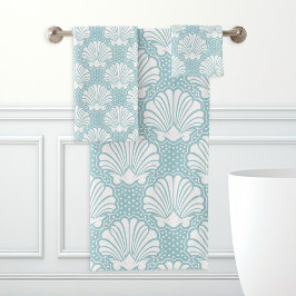 Conjunto De Toalhas Azul Celeste & Conchas Brancas 