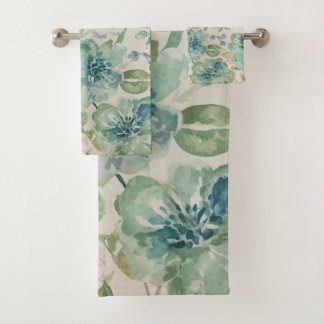 Conjunto De Toalhas Azul Céu Verde Azul Bege Creme Floral Abstrato