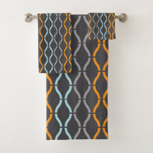 Conjunto De Toalhas Azul, cinza e laranja padrão de listras funky banh