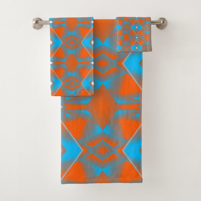 Conjunto De Toalhas Azul Cinza Laranja Ombre Arte Abstrata Geométrica (Insitu)