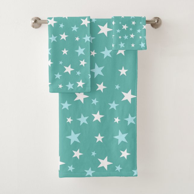 Conjunto De Toalhas Azul Claro & Estrelas Brancas no Azul Turquesa (Insitu)