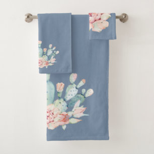 Conjunto De Toalhas Azul Denim Esmaecido e Cactus Aquarela